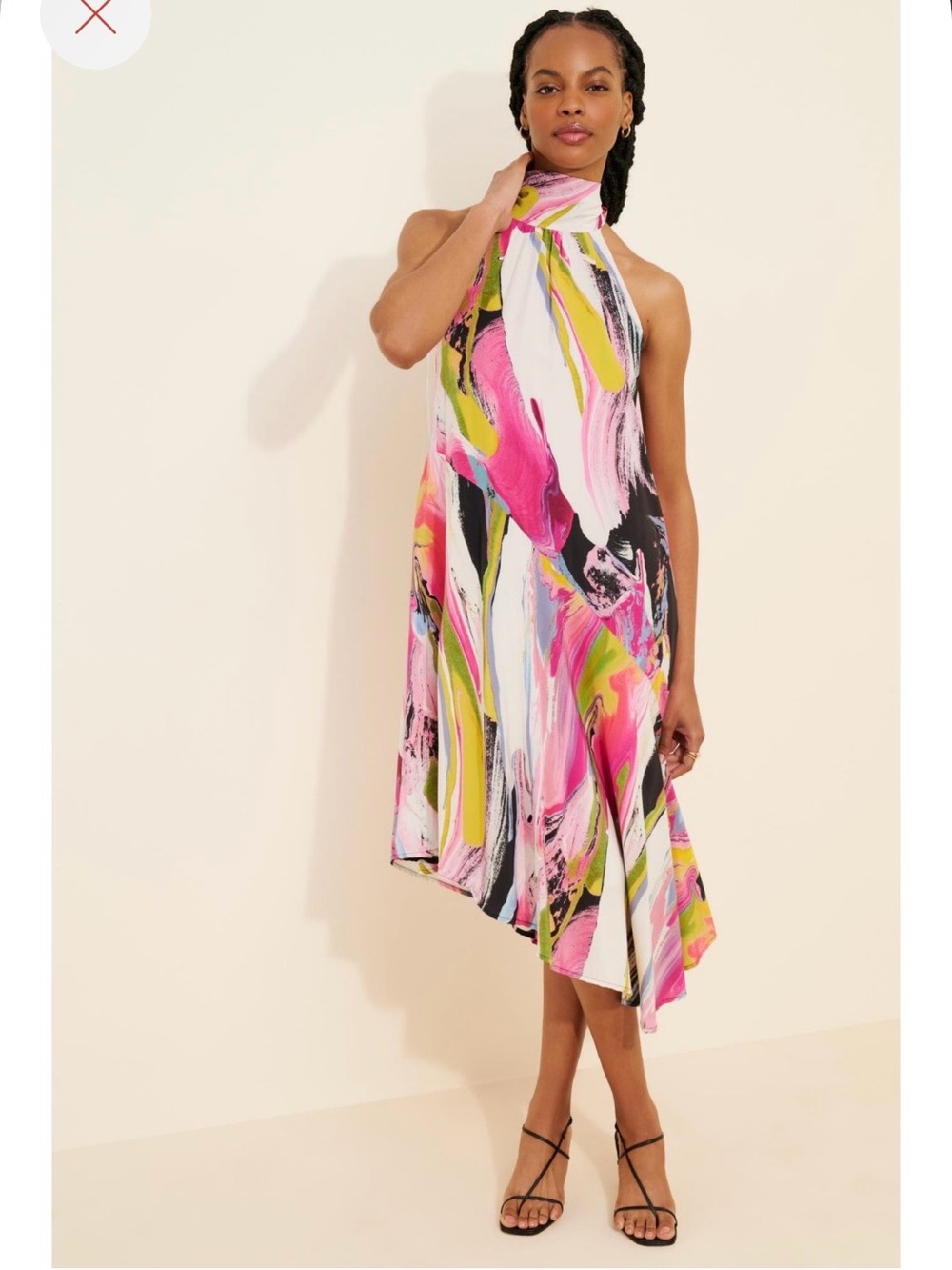Anthropologie Halter Midi Dress asymmetrical in Pink Multi Print